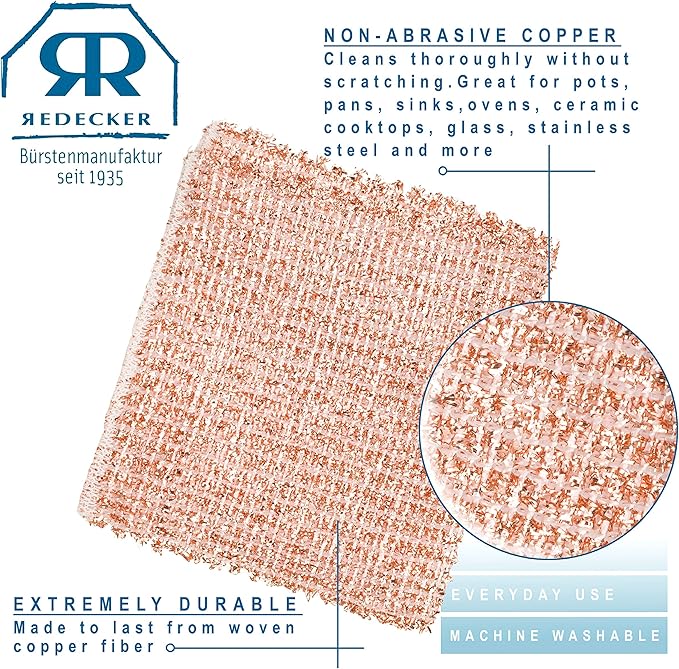 Redecker Copper Cleaning Cloth – 2 Pack – Woven Copper Scrubber for Pots Pans Sinks and Stainless Steel – Removes Burnt Food Residue – 5.5 x 5.7 in – Made in Netherlands
