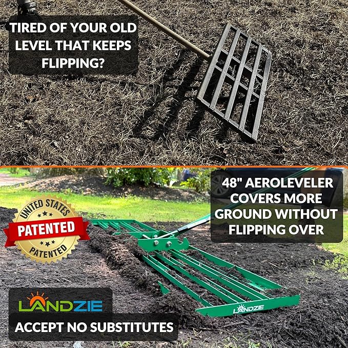 Landzie AeroLeveler - The Lawn Leveling Rake That Never Flips - Patented 48" inch Wide Pneumatic Lawn Level for Yard, Dirt, Soil, Sand, Provides Stability and Control (Pneumatic 48" Leveling rake)