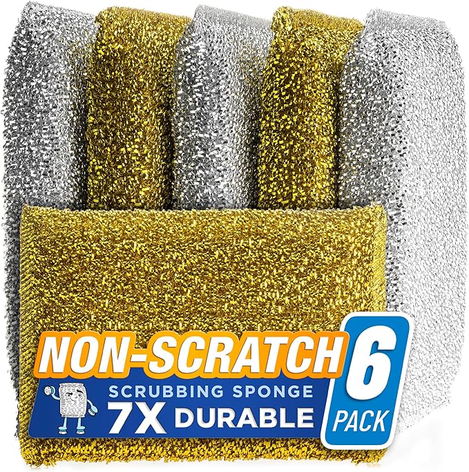 SPONGENATOR Kitchen Scrubbing Sponges - Heavy Duty Non Scratch Scrubbing Cleaner Sponges in 2 Colors - Multi Surface Non Metal Dish Scouring Scrubbers for Fast Cleaning (Gold & Silver, 6)