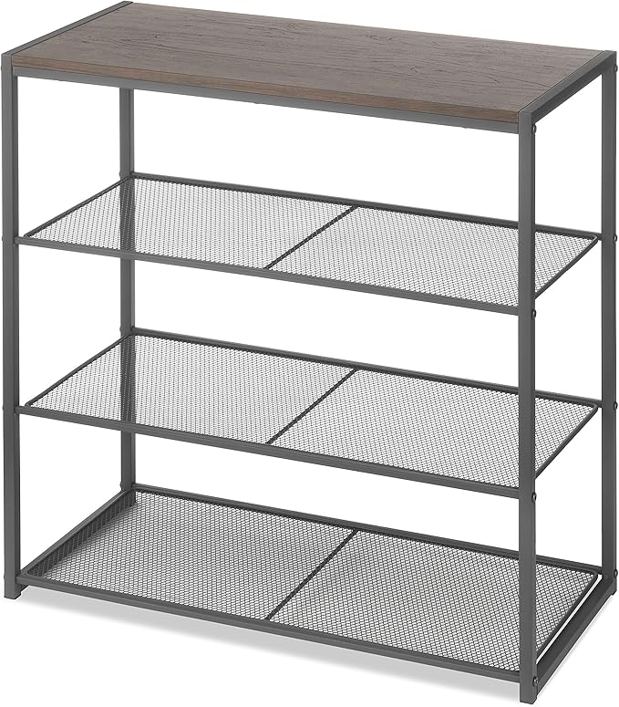 Whitmor Wood & Metal 4 Tier Shelf, Dark Walnut Top & Metal Mesh Shelves, 11.8"L x 24.8"W x 25"H, Freestanding