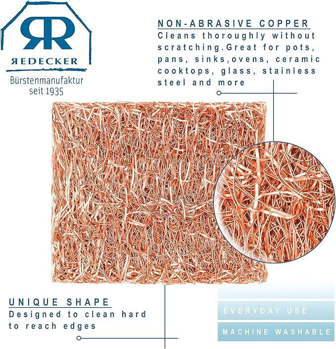 Redecker Mini Copper Scrubbing Pad, Firm Copper Braided Scrubber for Small Areas & Corners, Wet Use Kitchen Scouring Pad for Steel Glass Ceramic Rust Removal, 2 x 1.6 in, Made in Netherlands