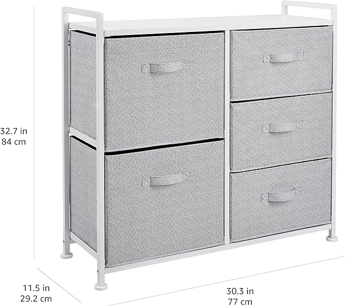 Amazon Basics Bedroom Closet Organizer with 5-Fabric Storage Drawers for Clothes Storage, White