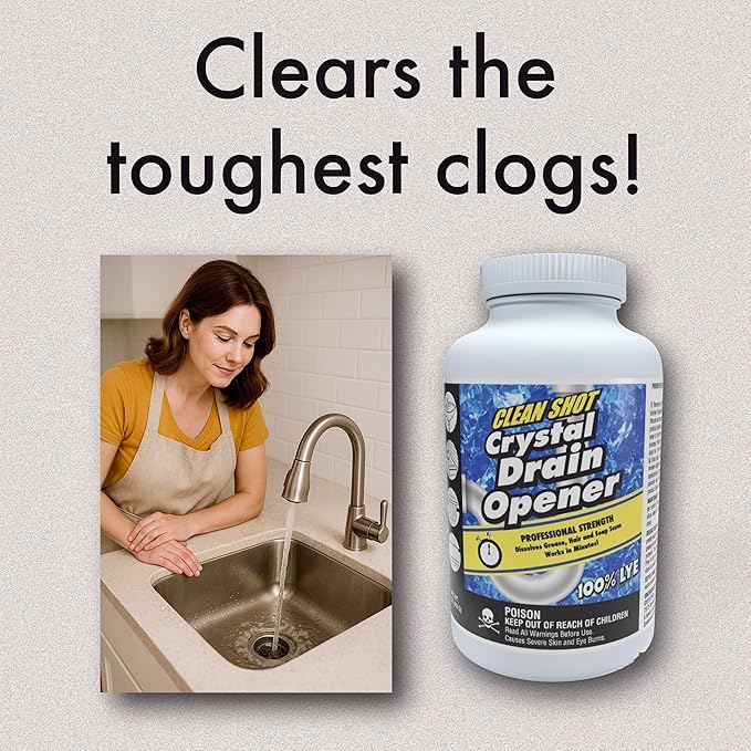 Clean Shot Crystal Lye Drain Opener - Professional Strength Cleaner for Tough Clogs - Heavy Duty Sodium Hydroxide Bathroom and Kitchen Sink, Shower, Pipes Unclogger, 1 lb