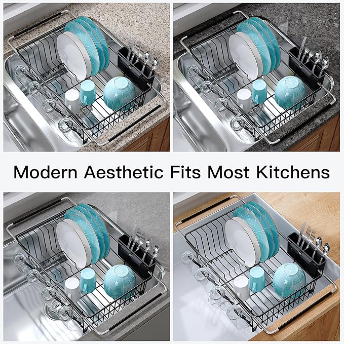 Dish Drying Rack Over the Sink In Stainless Steel Black Expandable Drainer for Small Kitchen, Counter Space Saving Compact Inside Sink Plate Dryer, Adjustable Hanging Metal Wire Strainer Drain Holder