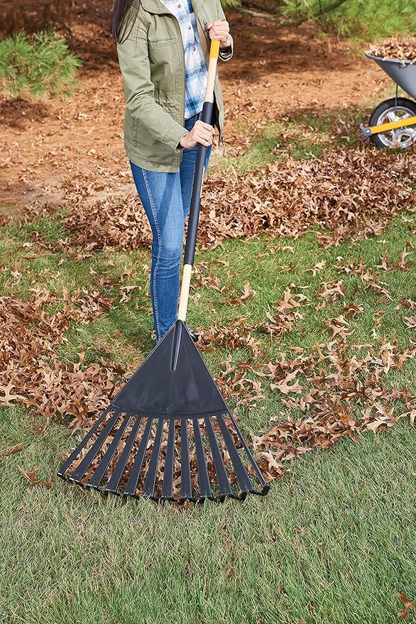 True Temper 20212010 Clog Free Leaf Rake with Hardwood/Steel Handle, 24 in. for Leaves, Grass, Clippings, Twigs, Pine Needles, Acorns, Debris, Black