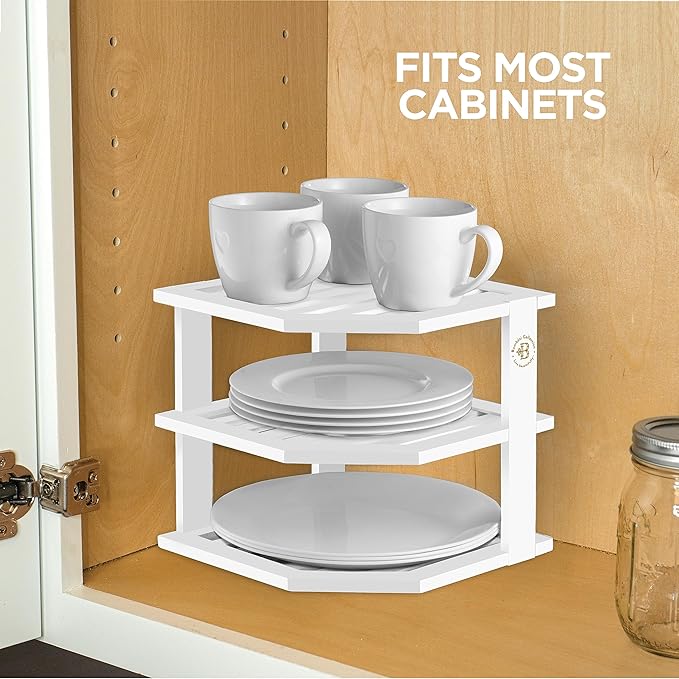 Bambüsi Plate Organizer for Cabinet - Corner Cabinet Organizer and Kitchen Cabinet Organizer Shelf, Kitchen Countertop Organizer for Plates, Dishes and Bowls, Space Saving Corner Rack, White