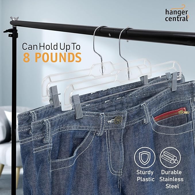 Hanger Central Premium 14 Inch Clear Pants Hangers with Adjustable Clips - 12 Pack Space-Saving Skirt Hangers - Non-Slip Heavy Duty Plastic Closet Organizers with 360° Swivel Hook