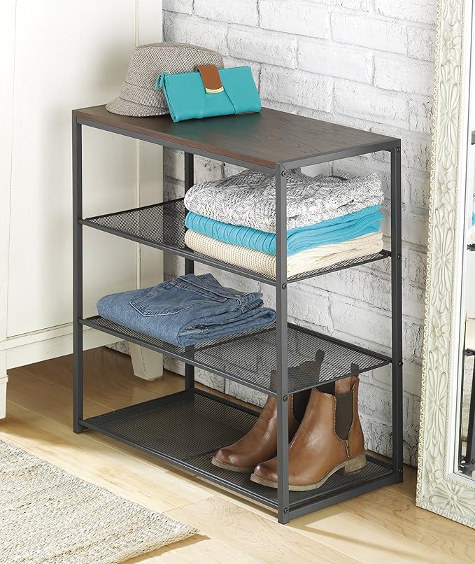 Whitmor Wood & Metal 4 Tier Shelf, Dark Walnut Top & Metal Mesh Shelves, 11.8"L x 24.8"W x 25"H, Freestanding
