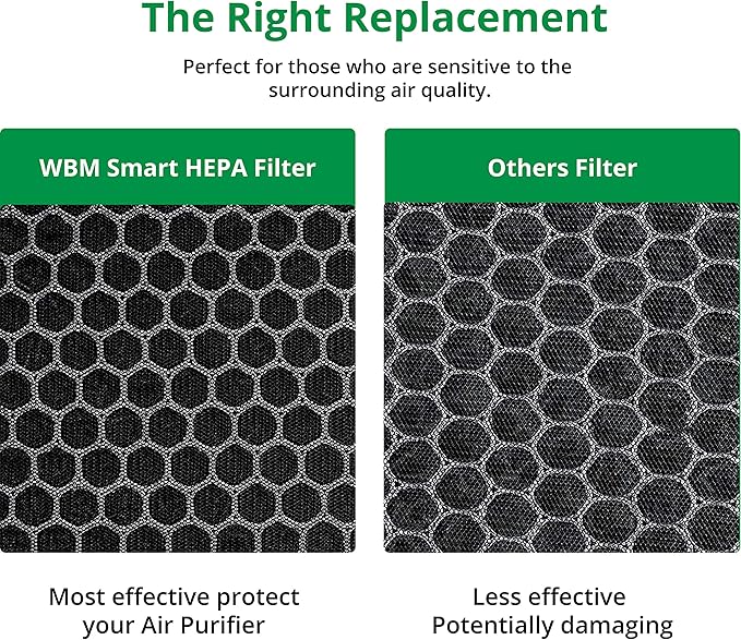 WBM Smart HEPA Filter Air Purifier for Allergies and Pets, Dust, Mold, and Pollen, Smoke and Odor Eliminator, Cleaner for Bedroom, Black