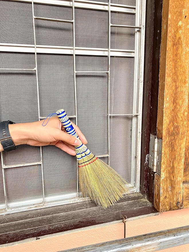 Small Corn Wisk Brush Broom 11 Inch Blue, Red Flagged Indoor Heavy Duty Multi Surface Hard & Soft Floor 100% Handmade(Blue), AW038-AW0038, length 11 Inch, wide 4.5 inch,