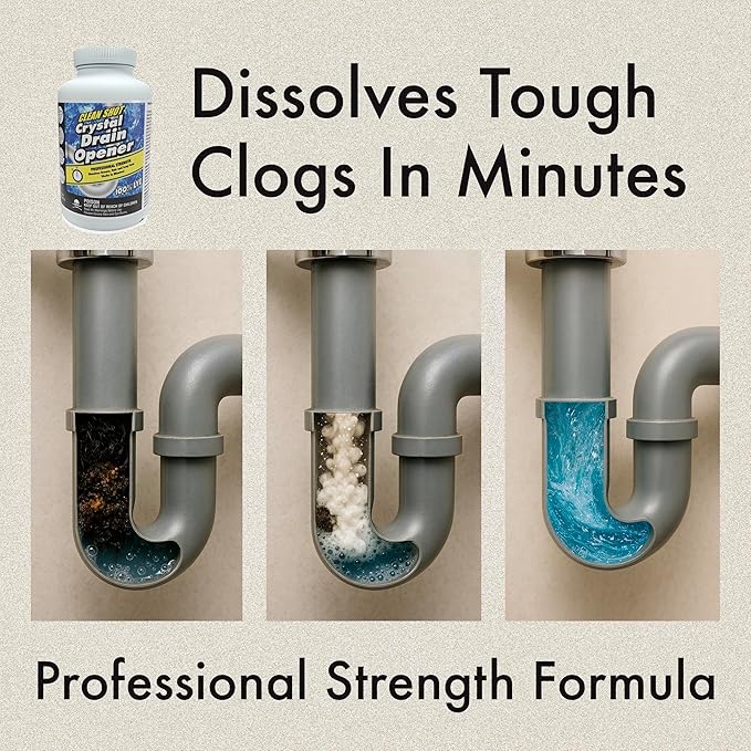 Clean Shot Crystal Lye Drain Opener - Professional Strength Cleaner for Tough Clogs - Heavy Duty Sodium Hydroxide Bathroom and Kitchen Sink, Shower, Pipes Unclogger, 1 lb
